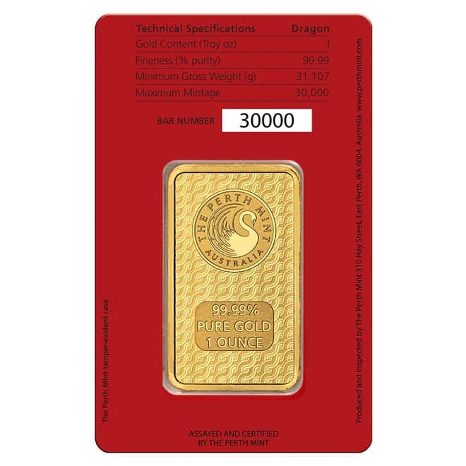Lot of 25 - 1 oz Perth Mint Lunar Year of the Dragon Gold Bar .9999 Fine (in Assay)