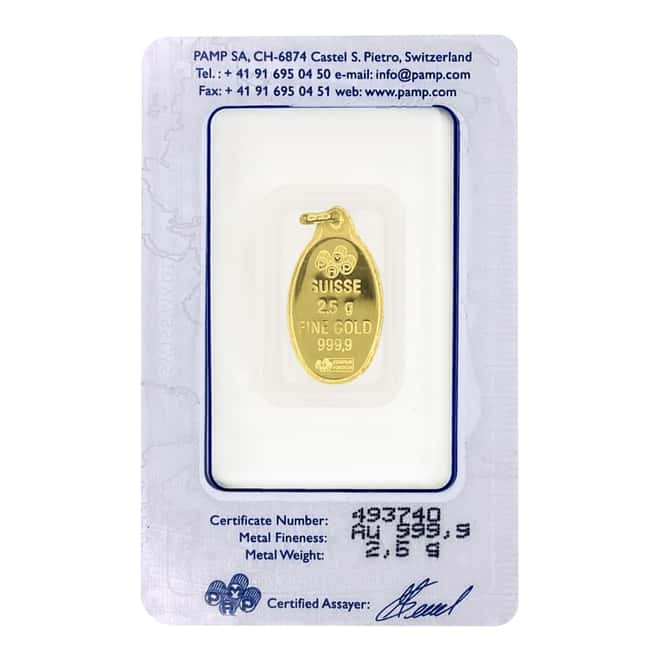 2.5 gram Gold PAMP Suisse Lady Fortuna Oval Pendant .9999 Fine (In Assay)