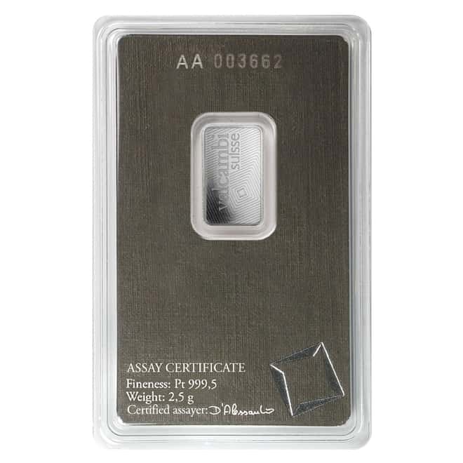 2.5 gram Platinum Bar - Valcambi Suisse .9995 Fine (In Assay)