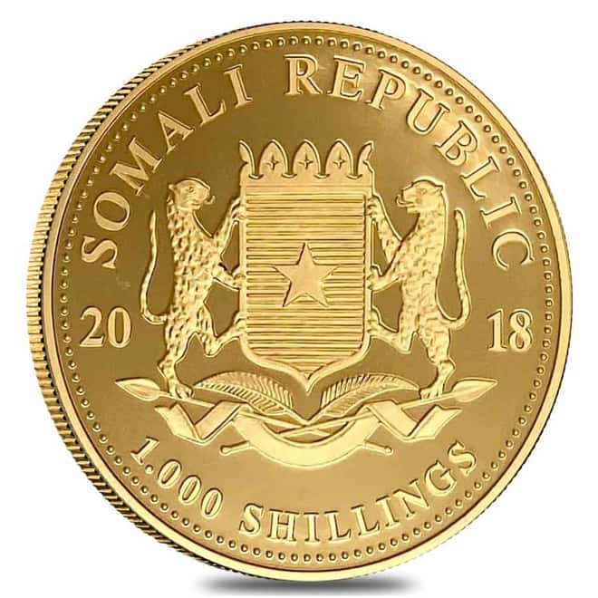 2018 Somalia 1 oz Gold African Elephant Dog Privy 1000 Shillings BU (In Cap)