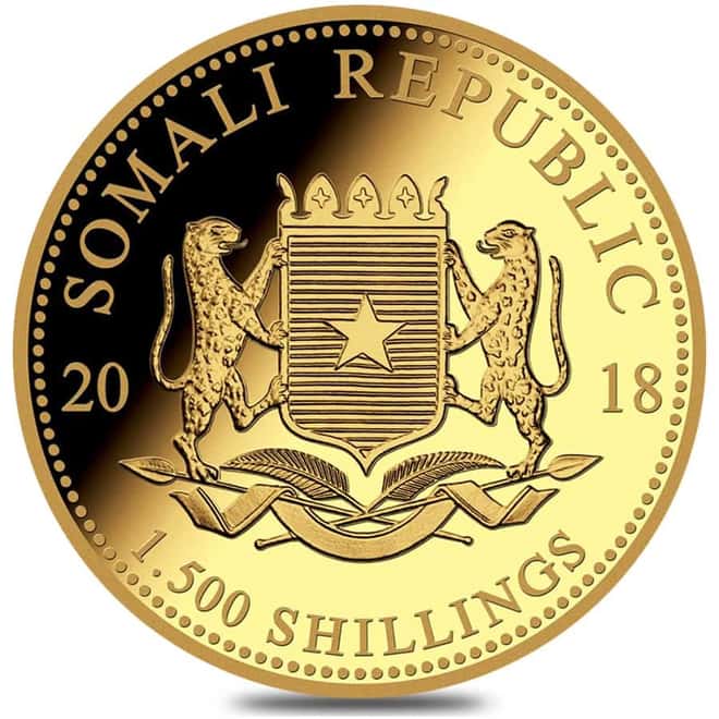 2018 Somalia 5 oz Proof Gold African Elephant 1500 Shillings In Cap