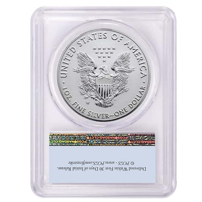 2019 W 1 oz Enhanced Rev. Proof Silver American Eagle PCGS PF 70 FS (Two Flags Label, Pride of Two Nations)