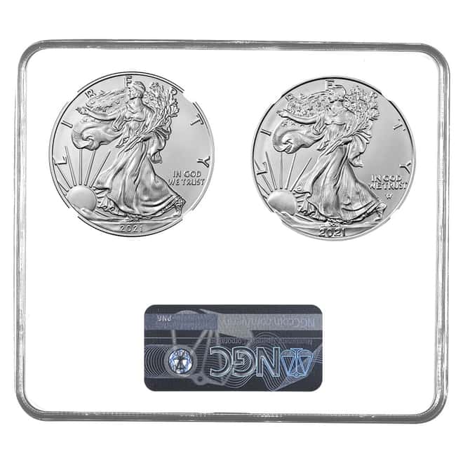 2021 2 oz Silver American Eagle Type 1 and Type 2 2-Coin Set NGC MS 70