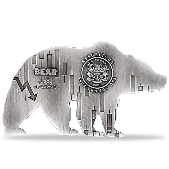 2021 Chad 1 oz Silver Bear Shaped Antiqued High Relief Coin (w/Box)