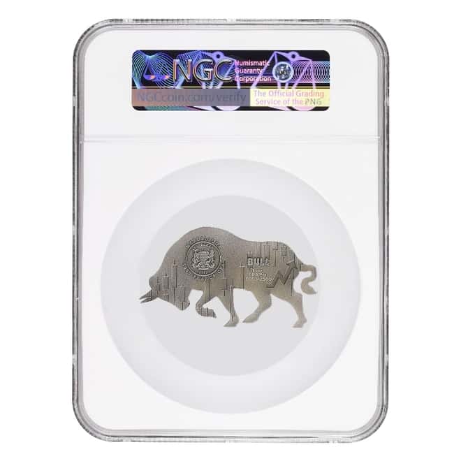 2021 Chad 1 oz Silver Bull Shaped Coin Serial #3 NGC MS 70 FDOI Antiqued High Relief
