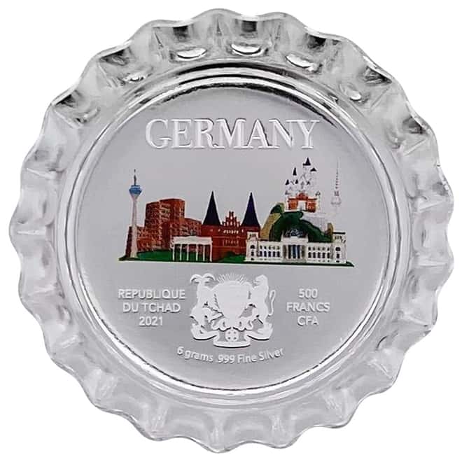 2021 Chad 6 gram World Landmarks - Germany Bottle Cap Proof Silver Coin .999 Fine (In Cap)
