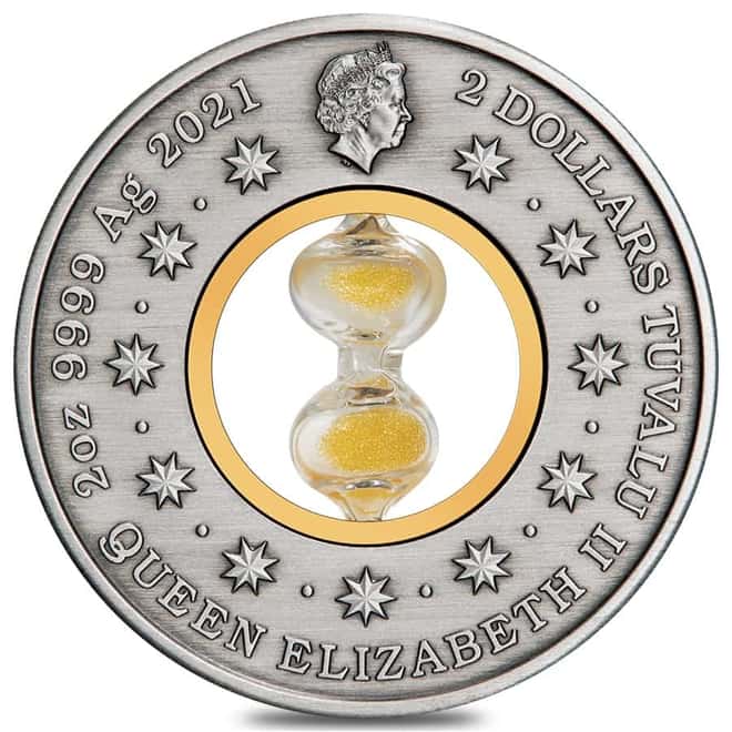 2021 Tuvalu 2 oz Antiqued Silver Hourglass Coin .9999 Fine (w/Box & COA)