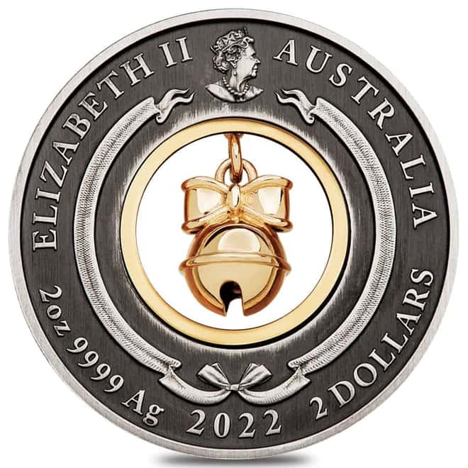 2022 2 oz Jingle Bell Antiqued Silver Coin Australian Perth Mint (w/Box & COA)