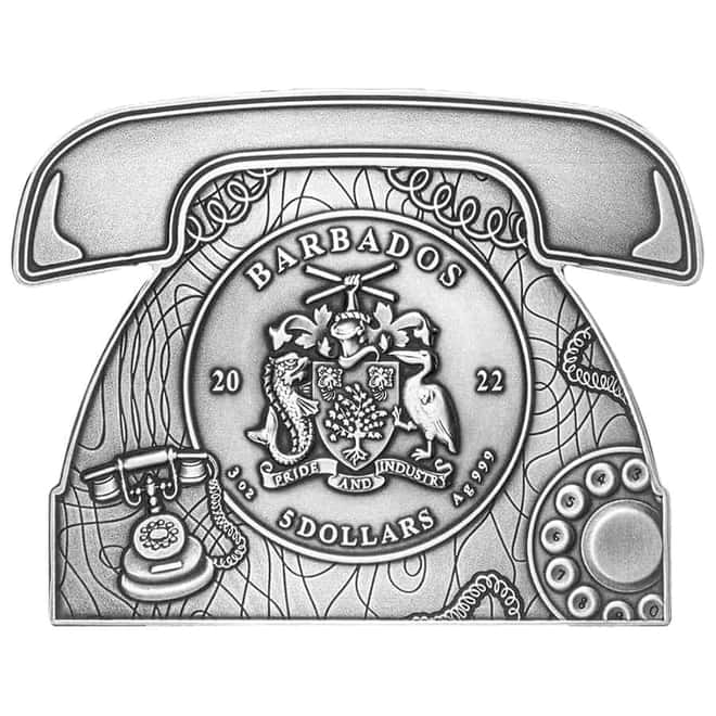 2022 3 oz Silver Alexander Graham Bell Telephone Shaped Coin Barbados .999 Fine (w/Box & COA)
