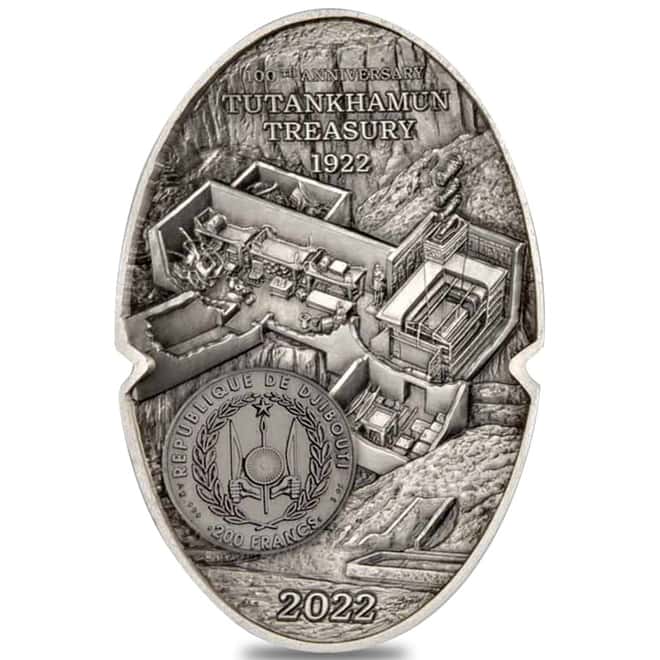 2022 3 oz Silver Mask of Tutankhamun 100th Ann 3D Shaped Coin Djibouti .999 Fine (w/Box & COA)