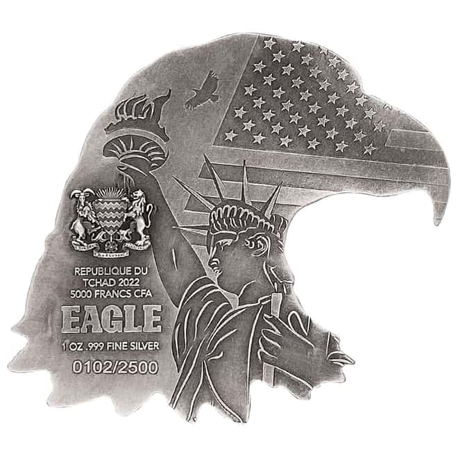 2022 Chad 1 oz Silver American Eagle Shaped High Relief Coin .999 Fine (w/Box)