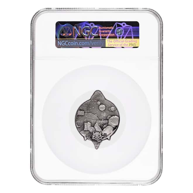 2022 Chad 1 oz Silver Bitcoin Rocket Shaped Coin NGC MS 70 ER Antiqued High Relief