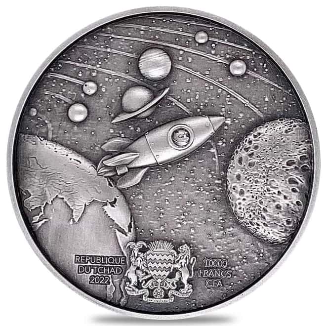 2022 Chad 2 oz Silver Doge On The Moon Coin Serial #4 NGC MS 70 ER Antiqued High Relief