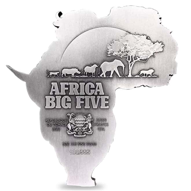 2022 Chad 5 oz Silver Big Five Africa Shaped High Relief Coin NGC MS 69 ER One of First 100