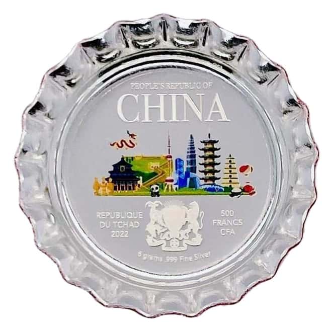 2022 Chad 6 gram World Landmarks - China Bottle Cap Proof Silver Coin .999 Fine (In Cap)