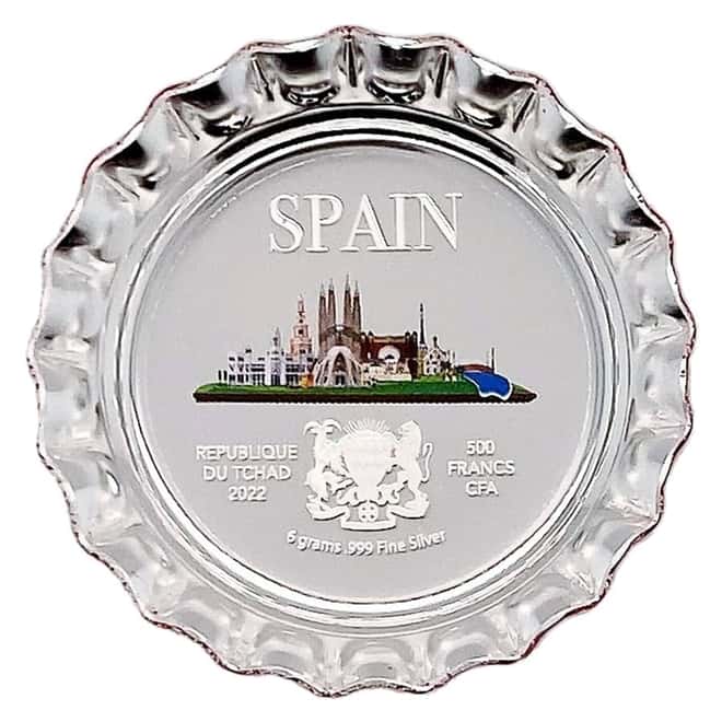 2022 Chad 6 gram World Landmarks - Spain Bottle Cap Proof Silver Coin .999 Fine (In Cap)