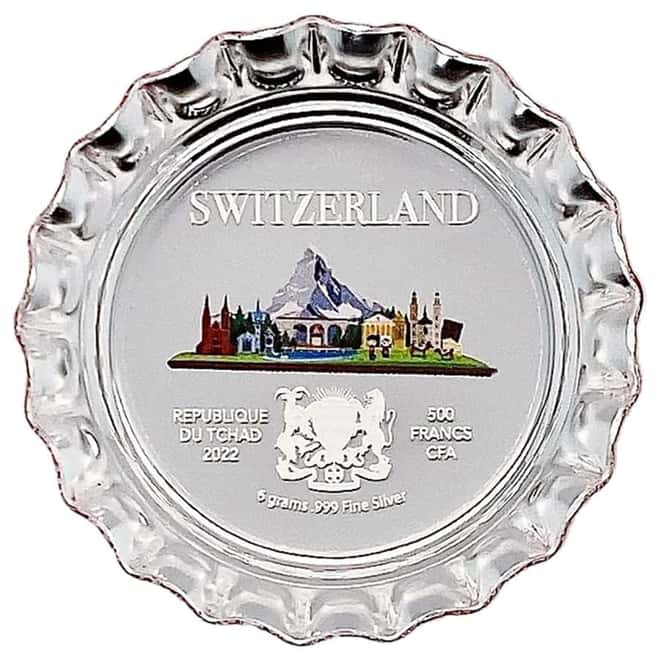 2022 Chad 6 gram World Landmarks - Switzerland Bottle Cap Proof Silver Coin .999 Fine (w/Box)
