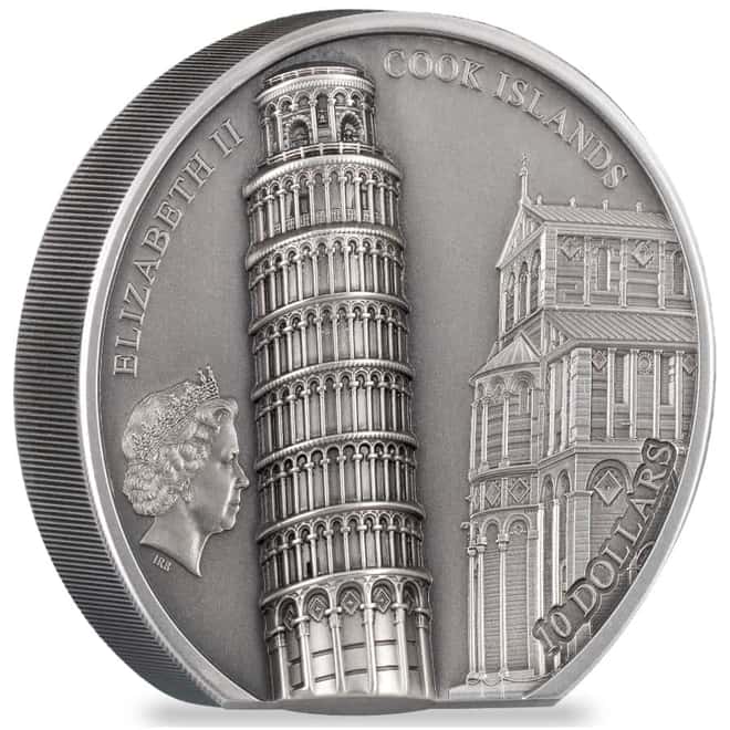 2022 Cook Islands 2 oz Silver Leaning Tower of Pisa Coin Antiqued .999 Fine (w/Box & COA)