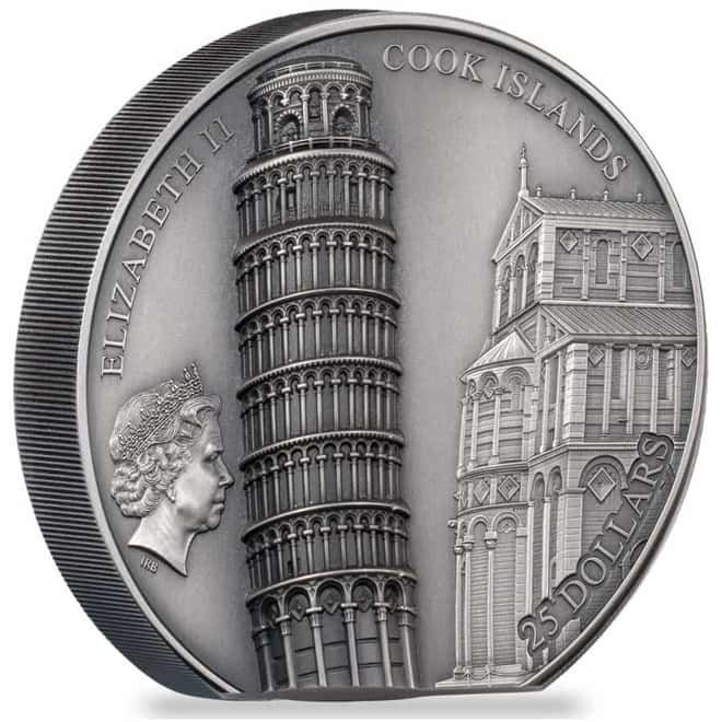 2022 Cook Islands 5 oz Silver Leaning Tower of Pisa Coin Antiqued .999 Fine (w/Box & COA)