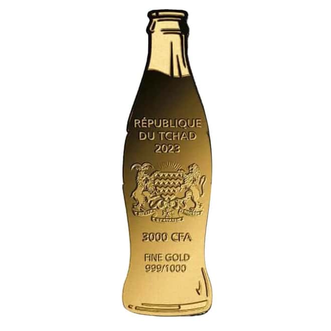 2023 1/1000 oz Chad Coca-Cola Bottle Shaped Gold Coin (in Assay)