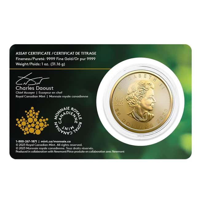 2023 1 oz Canadian Gold Maple Leaf Single Sourced Newmont Eleonore Mine (In Assay)