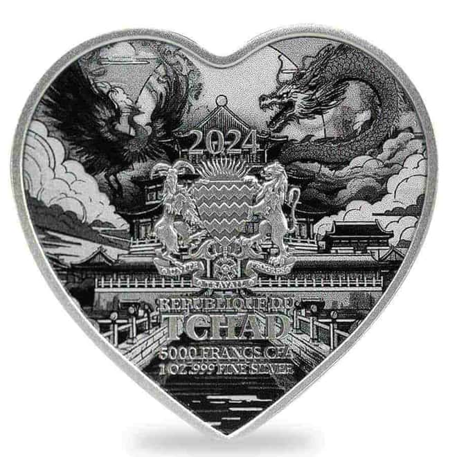 2024 Chad 1 oz Silver Dragon and Phoenix Heart-Shaped Coin .999 Fine