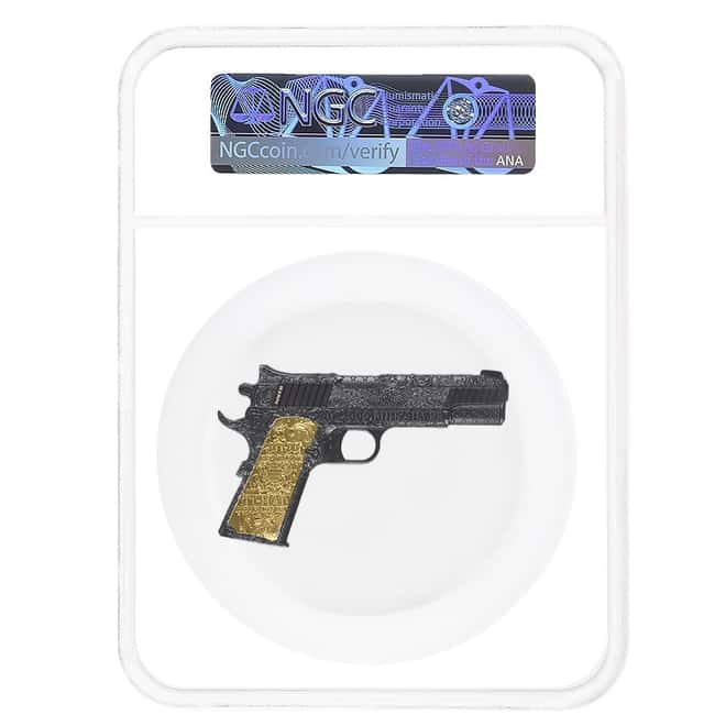 2024 Chad 2 oz Silver .45 Caliber Pistol Handgun Black & Gold NGC MS 69 ER One of First 100