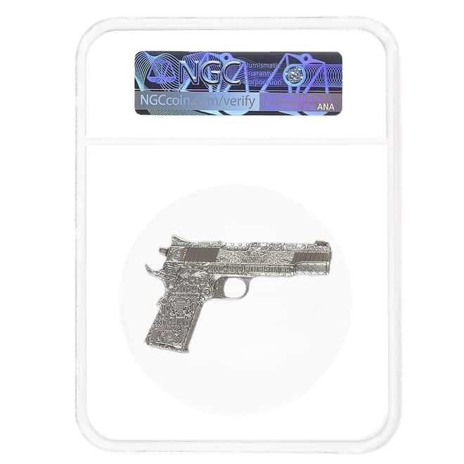 2024 Chad 2 oz Silver .45 Caliber Pistol Handgun NGC MS 70 ER One of First 100