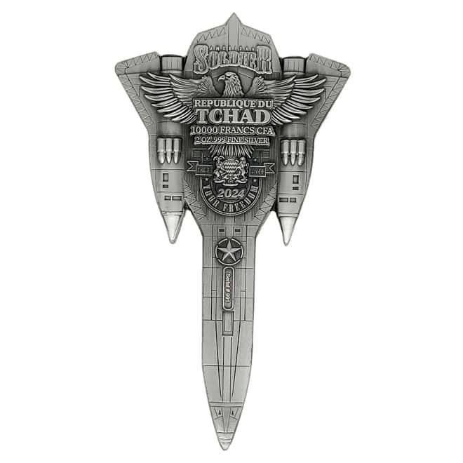 2024 Chad 2 oz Silver Fighter Jet Antiqued Shaped Coin .999 Fine