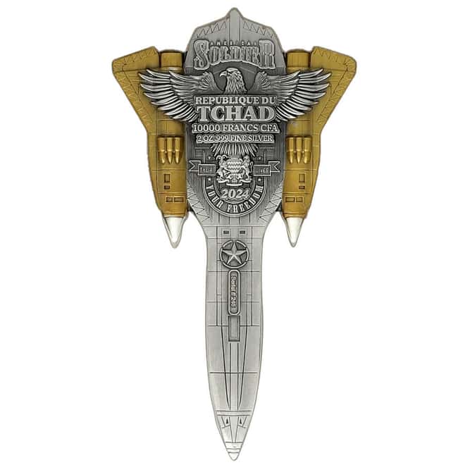 2024 Chad 2 oz Silver Fighter Jet Gilded Shaped Coin .999 Fine