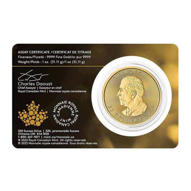 2025 1 oz Canadian Gold Maple Leaf $50 Coin BU (in Assay)
