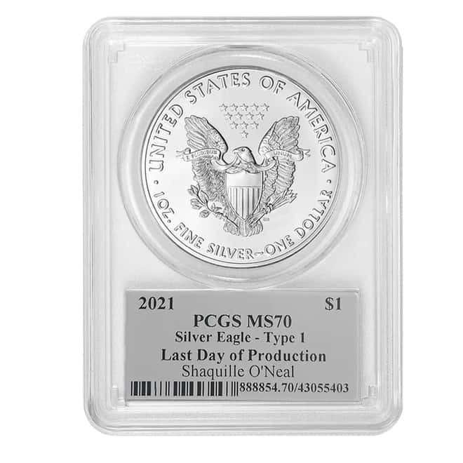 2021 1 oz Silver American Eagle Type 1 PCGS MS 70 Last Day of Production (Shaquille O'Neal)