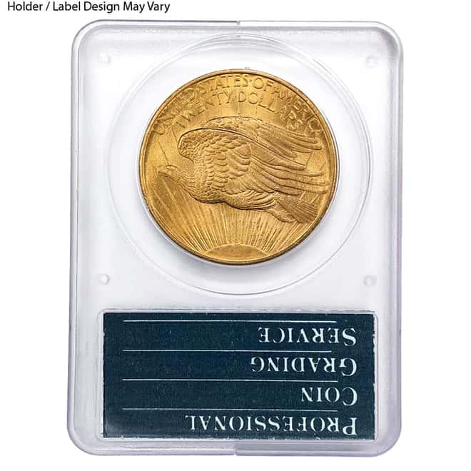 $20 Gold Double Eagle Saint Gaudens PCGS MS 63 Rattler Holder (Random Year)