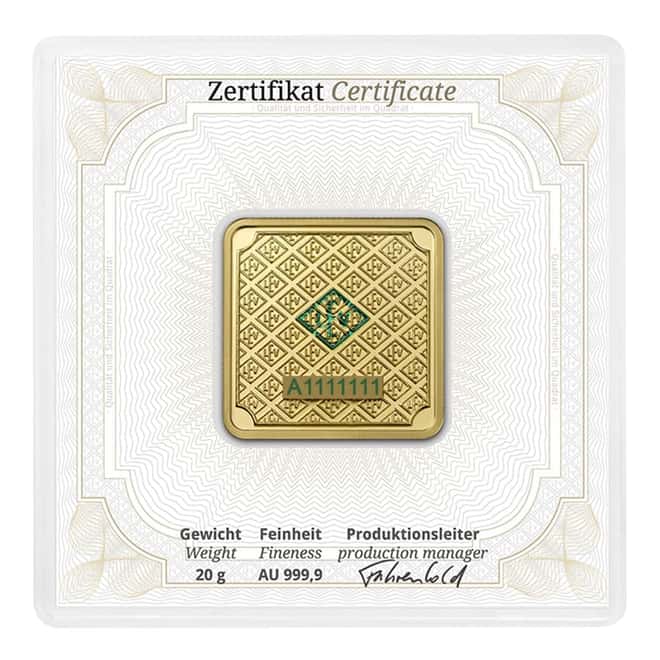 20 gram Geiger Original Square Gold Bar (In Assay)