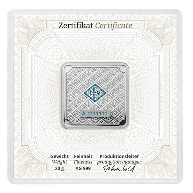 20 gram Geiger Original Square Silver Bar .999 Fine (In Assay)