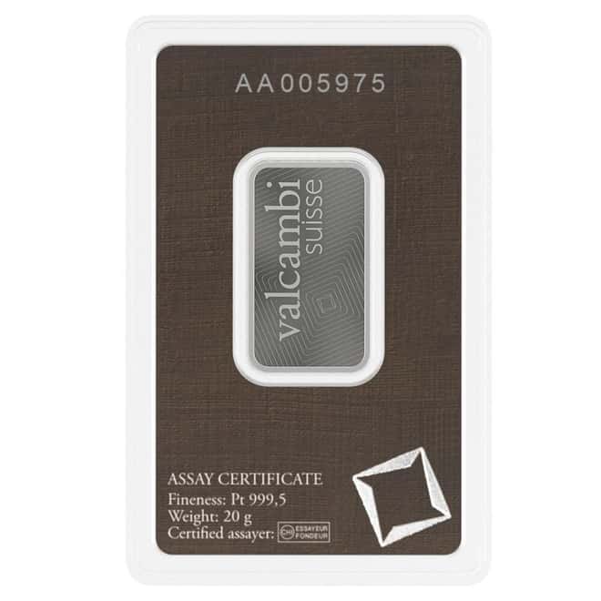 20 Gram Platinum Bar - Valcambi Suisse .9995 Fine (in Assay)