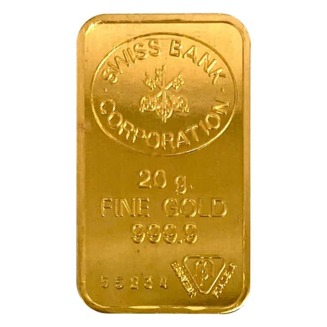 20 gram Swiss Bank Corporation Gold Bar .9999 Fine