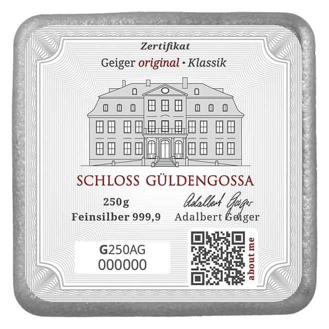250 gram Geiger Original Cast Silver Bar .9999 Fine