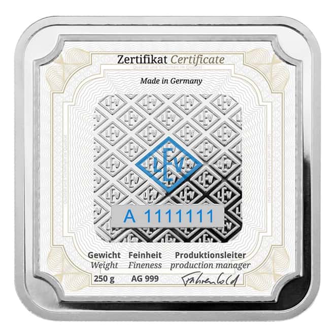 250 gram Geiger Original Square Silver Bar .999 Fine (In Assay)