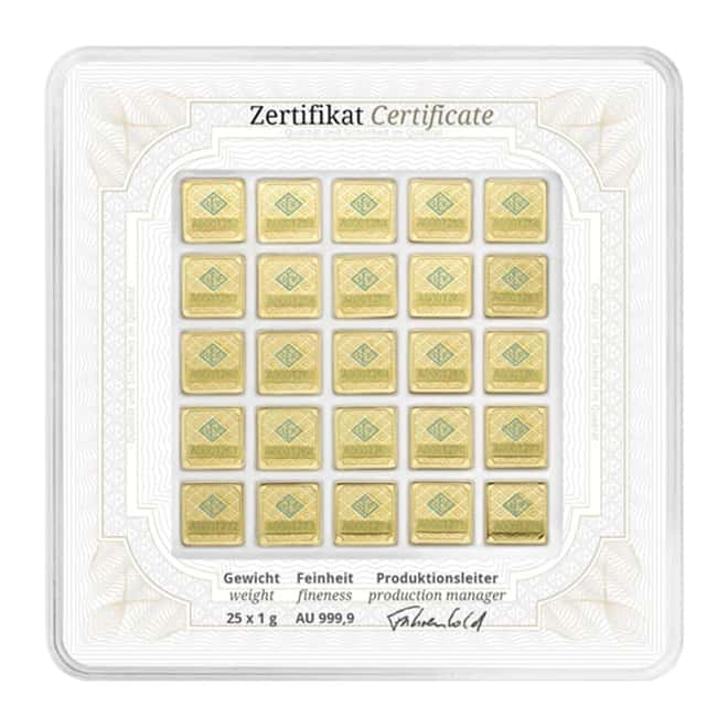 25 x 1 gram Geiger Original Square Gold Bar Multicard .9999 Fine (In Assay)