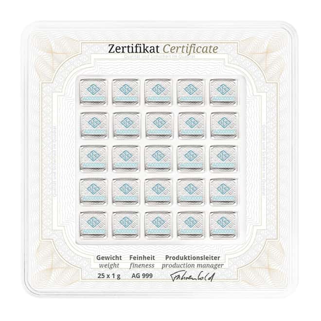25 x 1 gram Geiger Original Square Silver Bar Multicard