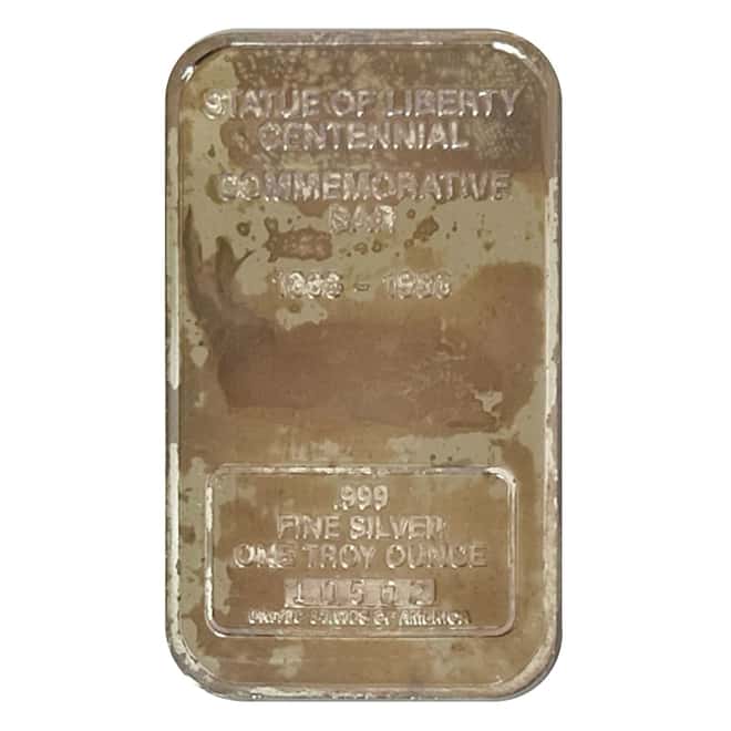 1986 1 oz Silver Statue of Liberty Centennial Bar .999 Fine
