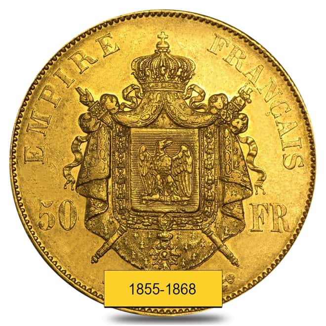 50 Francs French Gold Napoleon III AGW .4667 oz Avg Circ (1855-1868, Random Year) 