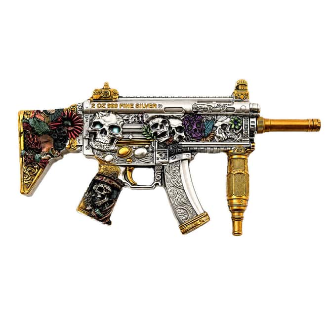 2 oz Dia de los Muertos Gun Shaped Silver .999 Fine Antiqued Finish