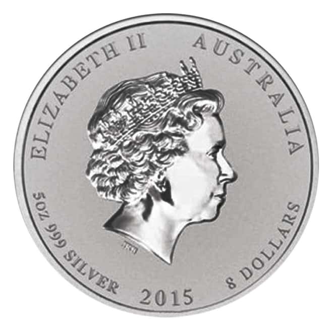 2015 5 oz Silver Lunar Year of The Goat BU Australian Perth Mint In Cap