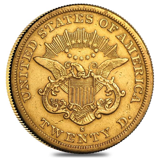 $20 Gold Double Eagle Liberty Head Type I - Polished or Cleaned (Random Year, 1850-1866)