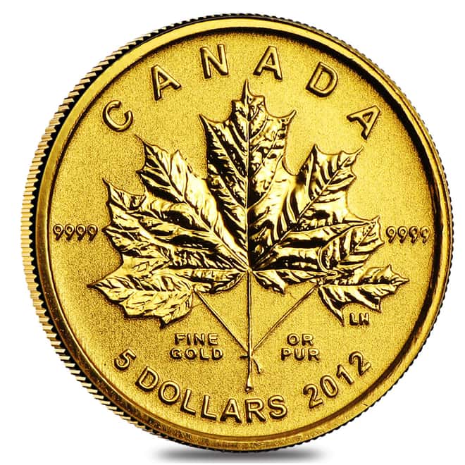 2012 1/10 oz Gold Canadian Maple Leaf Forever $5 Coin BU .9999 Fine (w/Box & COA)