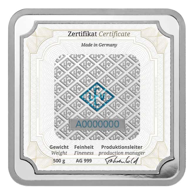 500 gram Geiger Original Square Silver Bar .999 Fine (In Assay)