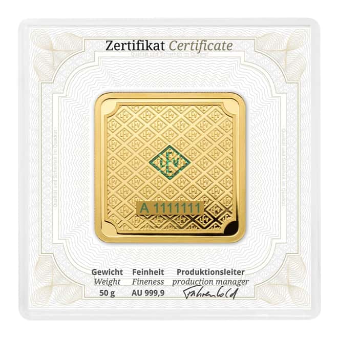 50 gram Geiger Original Square Gold Bar (In Assay)