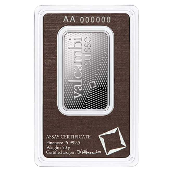 50 Gram Platinum Bar - Valcambi Suisse .9995 Fine (in Assay)